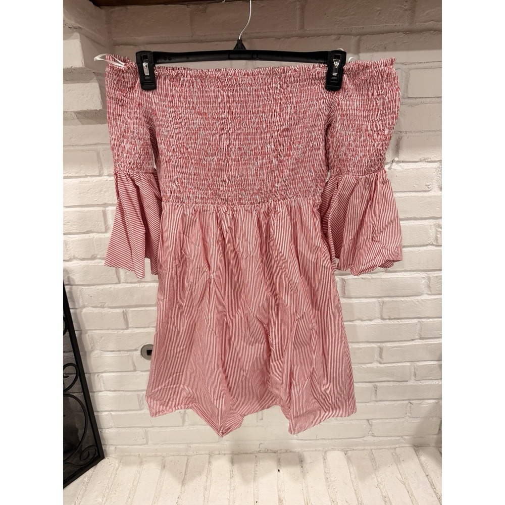 Gianni Bini XL Red White Stripe Smocked Off Shoulder Bell Sleeve Mini Dress